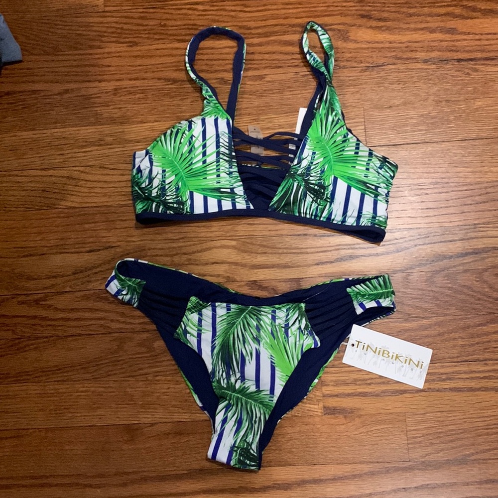 TiniBikini two piece swimwear, reversible to navy blue-
